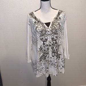 Women's White Scroll-Print Henley Tunic Top